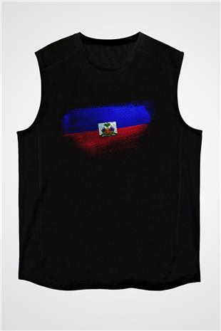 Haiti Bayrağı Baskılı Unisex Siyah Kolsuz Tişört