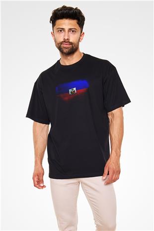 Haiti Bayrağı Baskılı Unisex Siyah Oversize Tişört