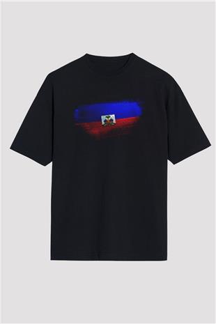 Haiti Bayrağı Baskılı Unisex Siyah Oversize Tişört