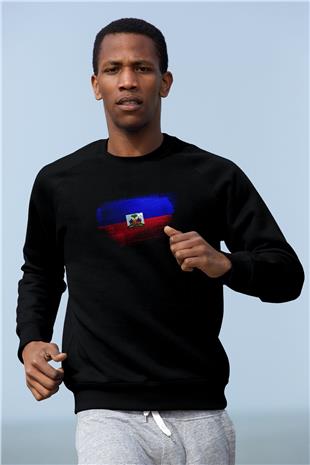 Haiti Bayrağı Baskılı Unisex Siyah Sweatshirt