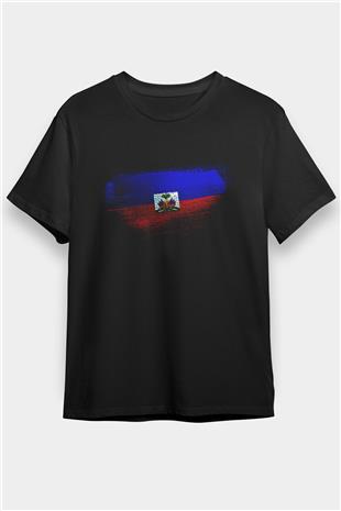 Haiti Bayrağı Baskılı Unisex Siyah Tişört