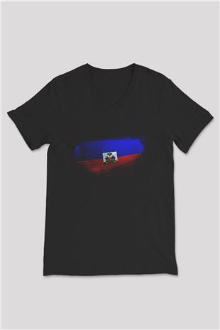 Haiti Bayrağı Baskılı Unisex Siyah V Yaka Tişört