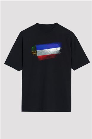 Hakasya - Khakassia Bayrağı Baskılı Unisex Siyah Oversize Tişört