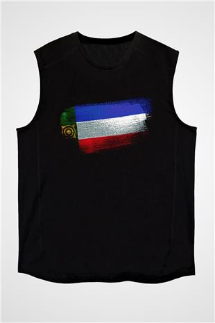 Hakasya - Khakassia Bayrağı Baskılı Unisex Siyah Kolsuz Tişört