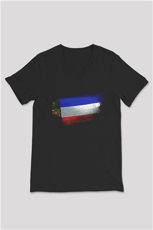 Hakasya - Khakassia Bayrağı Baskılı Unisex Siyah V Yaka Tişört