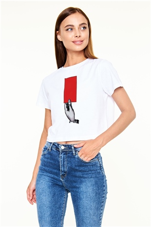 Hakem Beyaz  Crop Top Tişört