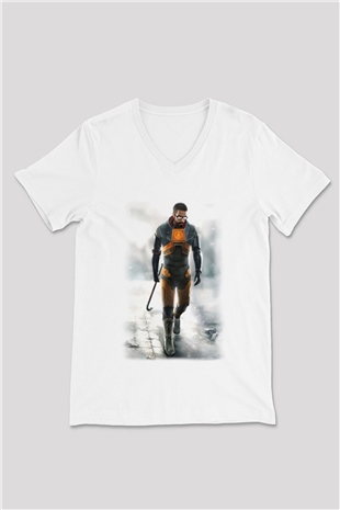 Half-Life Beyaz Unisex V Yaka Tişört T-Shirt