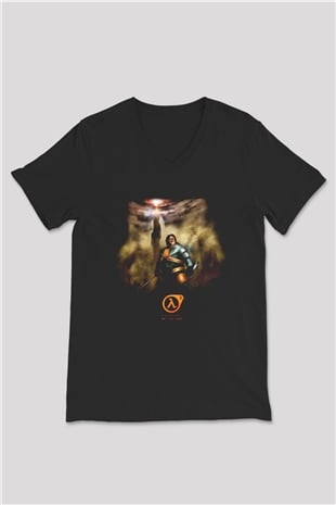 Half-Life Siyah Unisex V Yaka Tişört T-Shirt