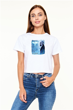 Halford Baskılı Unisex Beyaz Crop Top Tişört