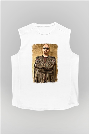 Halford Baskılı Unisex Beyaz Kolsuz Tişört