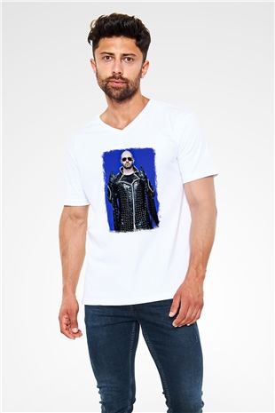 Halford Baskılı Unisex Beyaz V Yaka Tişört
