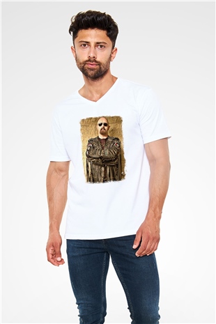 Halford Baskılı Unisex Beyaz V Yaka Tişört