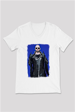 Halford Baskılı Unisex Beyaz V Yaka Tişört