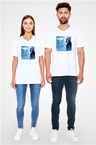Halford Baskılı Unisex Beyaz V Yaka Tişört