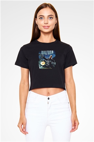 Halford Baskılı Unisex Siyah Crop Top Tişört