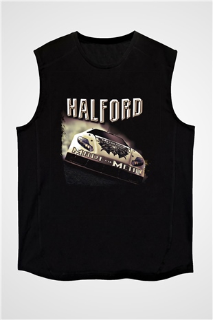 Halford Baskılı Unisex Siyah Kolsuz Tişört