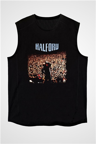 Halford Baskılı Unisex Siyah Kolsuz Tişört