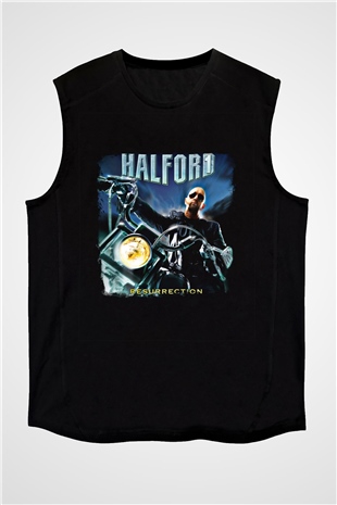 Halford Baskılı Unisex Siyah Kolsuz Tişört