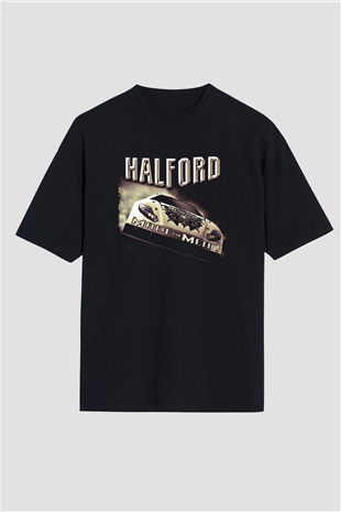 Halford Baskılı Unisex Siyah Oversize Tişört