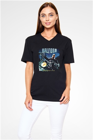 Halford Baskılı Unisex Siyah V Yaka Tişört