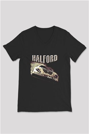 Halford Baskılı Unisex Siyah V Yaka Tişört