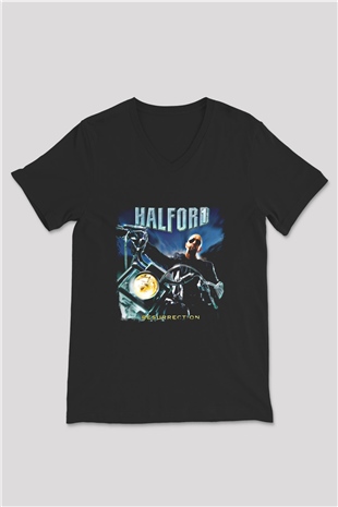 Halford Baskılı Unisex Siyah V Yaka Tişört