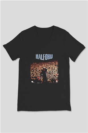 Halford Baskılı Unisex Siyah V Yaka Tişört