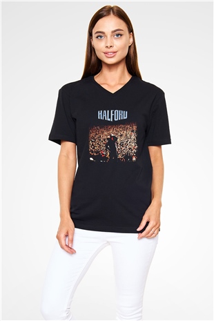 Halford Baskılı Unisex Siyah V Yaka Tişört