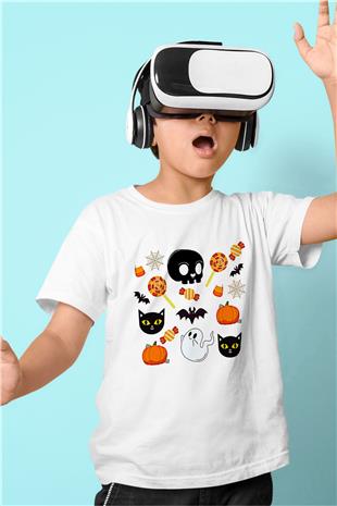 Halloween Baskılı Beyaz Unisex Beyaz Çocuk Tişört - Tshirt