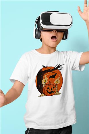 Halloween Baskılı Beyaz Unisex Beyaz Çocuk Tişört - Tshirt