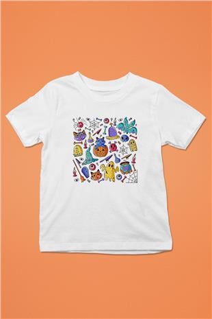 Halloween Baskılı Beyaz Unisex Beyaz Çocuk Tişört - Tshirt