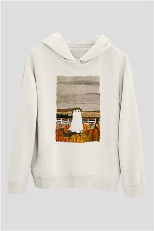 Halloween Baskılı Beyaz Unisex Hoodie