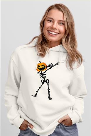 Halloween Baskılı Beyaz Unisex Hoodie
