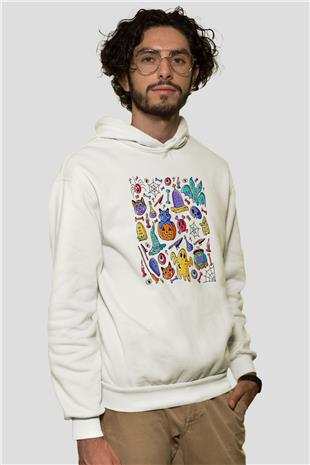 Halloween Baskılı Beyaz Unisex Hoodie