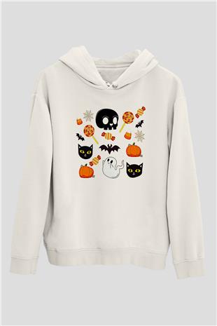 Halloween Baskılı Beyaz Unisex Hoodie