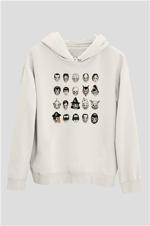 Halloween Baskılı Beyaz Unisex Hoodie