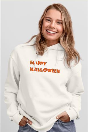 Halloween Baskılı Beyaz Unisex Hoodie
