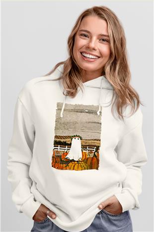 Halloween Baskılı Beyaz Unisex Hoodie