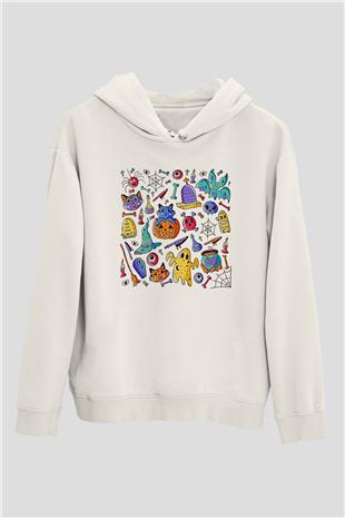Halloween Baskılı Beyaz Unisex Hoodie