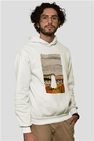 Halloween Baskılı Beyaz Unisex Hoodie