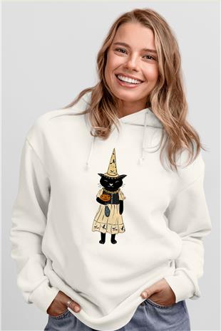 Halloween Baskılı Beyaz Unisex Kapüşonlu Sweatshirt