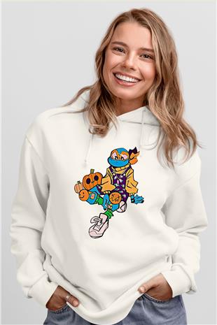 Halloween Baskılı Beyaz Unisex Kapüşonlu Sweatshirt