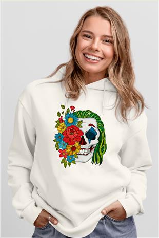 Halloween Baskılı Beyaz Unisex Kapüşonlu Sweatshirt