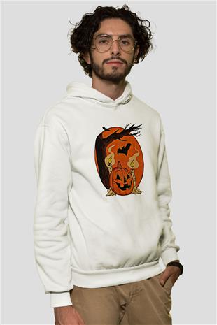Halloween Baskılı Beyaz Unisex Kapüşonlu Sweatshirt