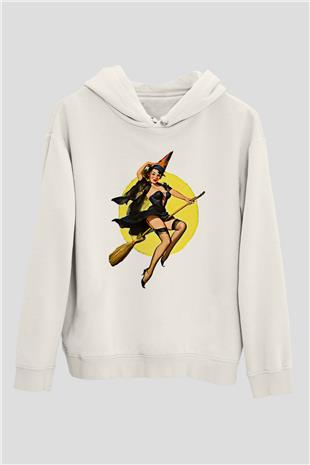 Halloween Baskılı Beyaz Unisex Kapüşonlu Sweatshirt
