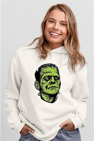 Halloween Baskılı Beyaz Unisex Kapüşonlu Sweatshirt