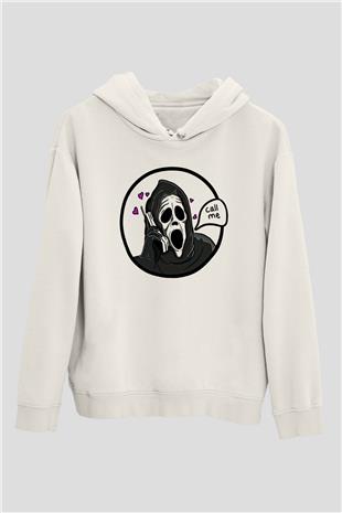 Halloween Baskılı Beyaz Unisex Kapüşonlu Sweatshirt