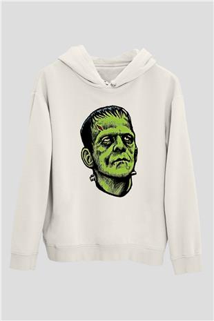 Halloween Baskılı Beyaz Unisex Kapüşonlu Sweatshirt