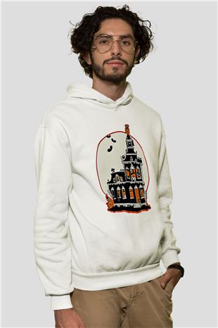 Halloween Baskılı Beyaz Unisex Kapüşonlu Sweatshirt