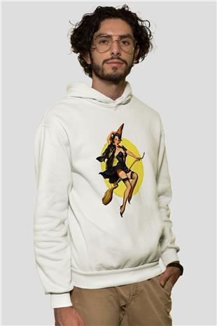 Halloween Baskılı Beyaz Unisex Kapüşonlu Sweatshirt